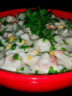 A picture of Mike's Creamy Stacked Seafood Chowder.