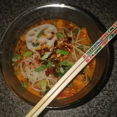 Gochujang and coconut noodle soup (vegan) A picture of Gochujang and coconut noodle soup (vegan).