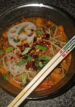 A picture of Gochujang and coconut noodle soup (vegan).