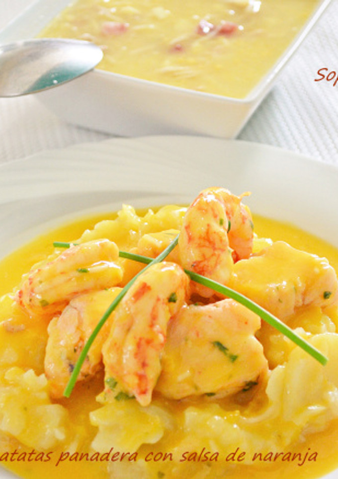 Una foto de Menú: Sopa de picadillo, rape con gambas, patata panadera y salsa de naranja. (Thermomix)