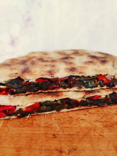 A picture of Skillet Focaccia with Peppers, Eggplant, and Onions.