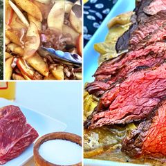 A picture of Seared Fullblood Wagyu Top Sirloin Steak with Apple-Brandy Pan Sauce.