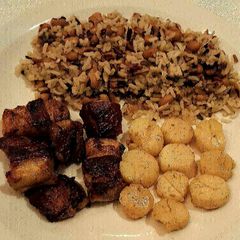 A picture of Pan Seared Pork Belly & Scallops in Cast Iron Skillet.