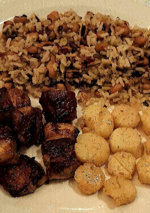 A picture of Pan Seared Pork Belly & Scallops in Cast Iron Skillet.