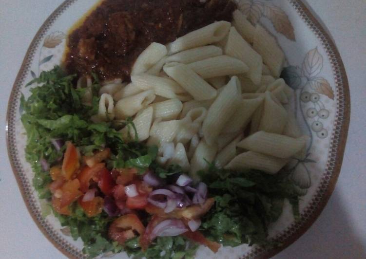 Simple Way to Make Ultimate Macroni and stew with salad Cooking Basics for Beginners