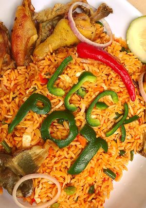 A picture of Vegetable Jollof rice and Chicken by Hon Ikeakam.