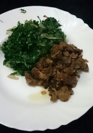 A picture of Fried beef with sukuma wiki.