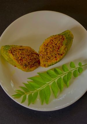 A picture of Andhra style stuffed Karele or Gutti Kakarakaya.