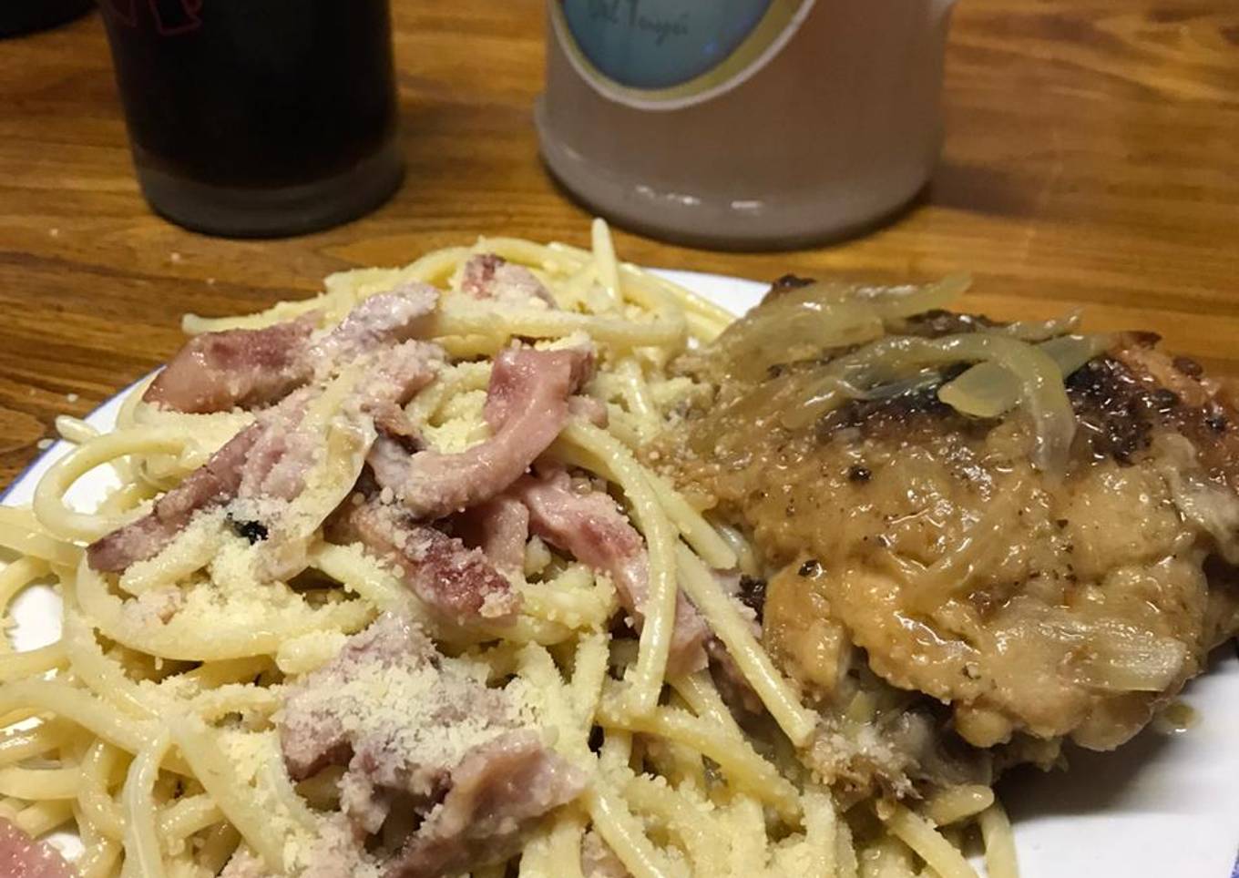 Pollo a la cerveza con fideos con crema y jamón 😍
