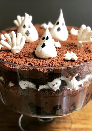 A picture of Graveyard Trifle with Meringue Ghost Cookies.