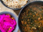 A picture of beef stew and spinach
