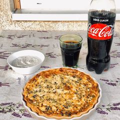 A picture of Sweet Potato & Salmon Pie accompanied with a yummy Dill Sauce.