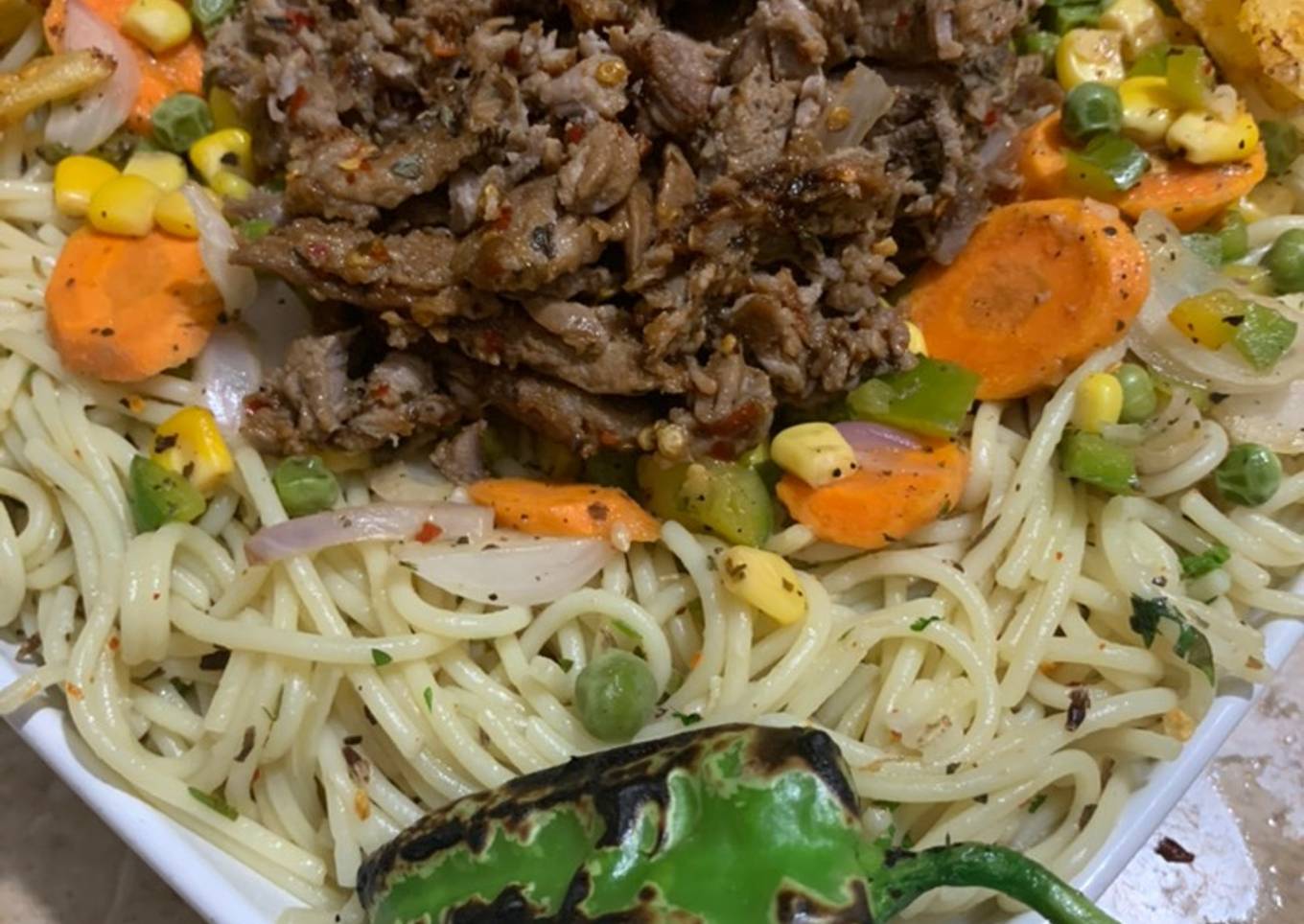 Herb spaghetti with Behari beef - western and desi fusion
