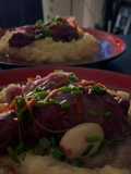 Pollo al vino tinto con puré