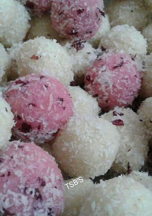 A picture of Rosey coconut laddu gulkand infused &almond coconut laddu.