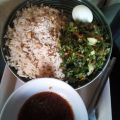 Rice/Beans Lettuce salad /Crayfish stew & Egg A picture of Rice/Beans Lettuce salad /Crayfish stew & Egg.
