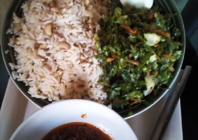 Rice/Beans Lettuce salad /Crayfish stew & Egg