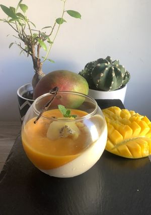 Une photo de Panna cotta 🍍🥭🍍fruits exotiques 🌴noix de coco 🥥