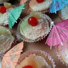 A picture of Vickys Pina Colada Cupcakes, GF DF EF SF NF.