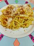 Spaghetti alla crema di fave con patate e fonduta di pecorino di Pienza