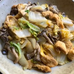 Stir-Fried Wombok & Shimeji with ‘Abura-age’ (Thin Fried Tofu) A picture of Stir-Fried Wombok & Shimeji with ‘Abura-age’ (Thin Fried Tofu).