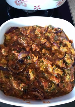 A picture of Karela sabzi. Bitter gourd curry.