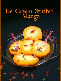A picture of Ice cream stuffed mango.
