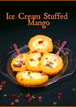 A picture of Ice cream stuffed mango.