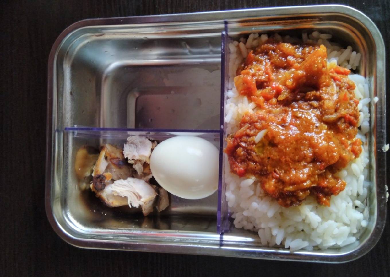 White Rice, stew, grilled chicken and egg