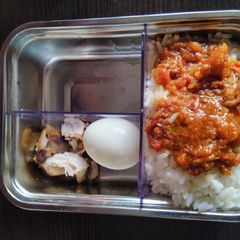 A picture of White Rice, stew, grilled chicken and egg.