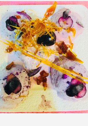 A picture of Black berry Natural Ice-Cream with caramelized  Spun-Sugar.