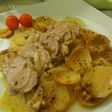 Solomillo de cerdo macerado y guarnición al horno