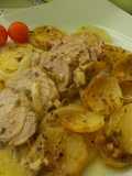 Solomillo de cerdo macerado y guarnición al horno