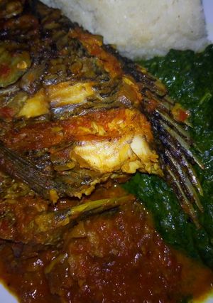 A picture of Ugali,fishstew &veges #mystaplefoodrecipecontest #4weekchallenge.