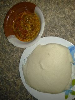 A picture of Okro soup and white amala.