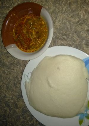 A picture of Okro soup and white amala.