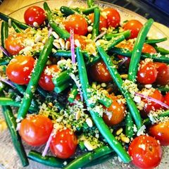 A picture of Green Bean & Semi Roasted Cherry Tomato Salad with Zesty Walnut & Sourdough Gremolata.