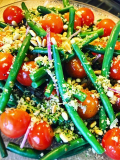 A picture of Green Bean & Semi Roasted Cherry Tomato Salad with Zesty Walnut & Sourdough Gremolata.