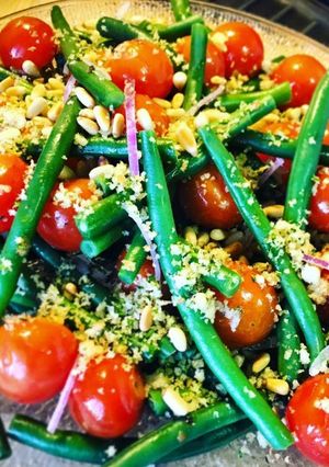 A picture of Green Bean & Semi Roasted Cherry Tomato Salad with Zesty Walnut & Sourdough Gremolata.