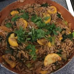 A picture of Vegan whole wheat orzo with yellow squash, spinach & jalapeños.