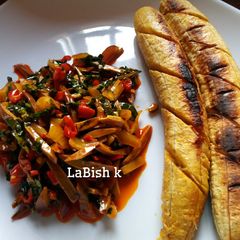 A picture of Oven Roasted Ripe Plantain with Ugba Sauce.
