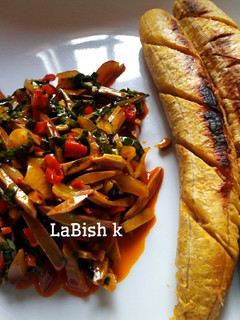 A picture of Oven Roasted Ripe Plantain with Ugba Sauce.