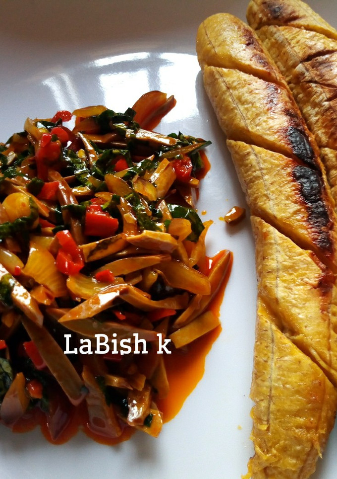 A picture of Oven Roasted Ripe Plantain with Ugba Sauce.