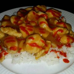 A picture of Brad's Sriracha orange chicken.