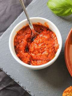 A picture of Homemade tomato pesto.
