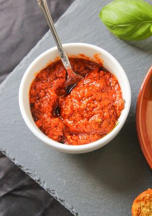 A picture of Homemade tomato pesto.