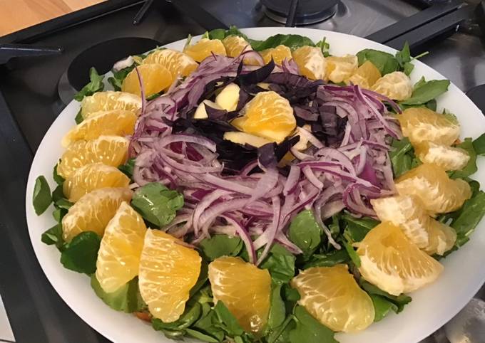 Salade de cresson à l ugli,pomme,oignon rouge et basilic pourpre