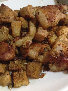 A picture of Lemon Soy Pork & Tofu with Fried Rice.