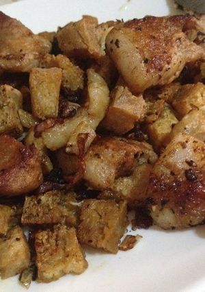 A picture of Lemon Soy Pork & Tofu with Fried Rice.