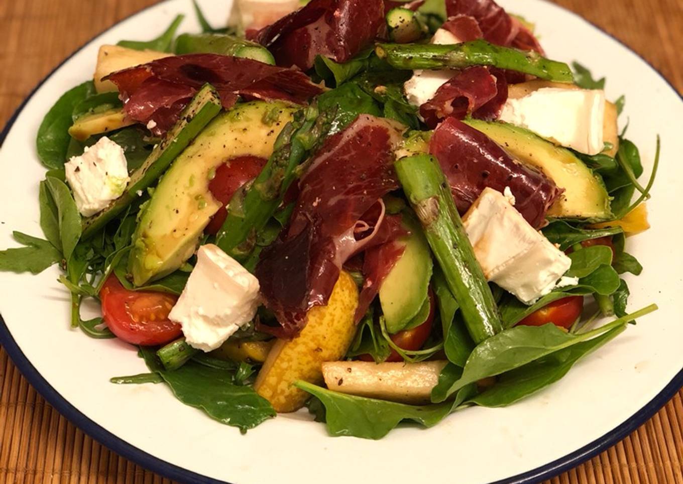 Jamon iberico, asparagus, pear and goats cheese salad